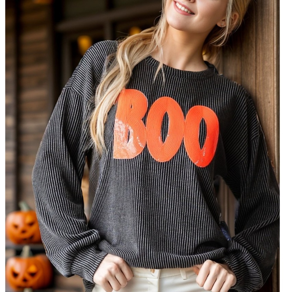💲PLUS SIZED HEIMISH USA “ PUMPKIN 2 “ HEIMISH  RIBBED BOO PATCH SEQUIN TOP 57A - Picture 6 of 7